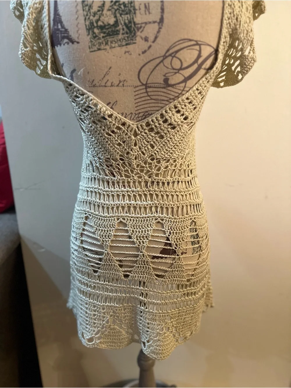 Cream Crochet V-Neck Swim Coverup Dress